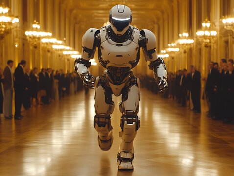 Robot running through opulent hall.