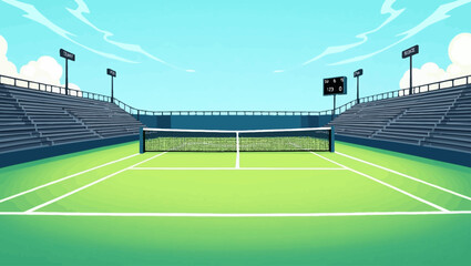 Outdoor animated tennis court with net, stadium seating, scoreboard, and clear blue sky background.