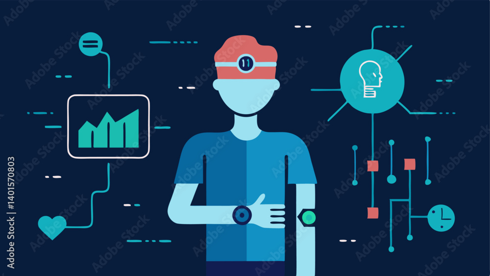 Poster health monitoring wearables an illustration of a person wearing smart devices watch and band that mo