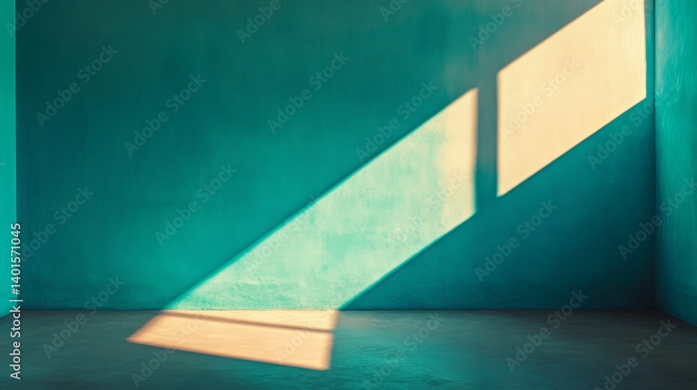 Poster shadows cast by sunlight create geometric patterns on a turquoise wall in a bright and minimalistic 