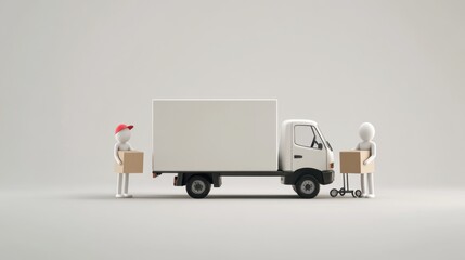Minimalist scene of a white delivery truck with small figures and boxes, suggesting shipping or logistics. Clean, neutral background