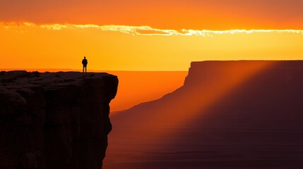 A solitary figure stands on a cliff at sunset, overlooking a vast landscape bathed in warm orange and yellow hues.