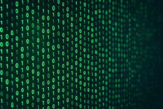 An image with streams of neon green binary code flowing down on a dark blue background. The depth effect creates the feeling of an endless digital flow