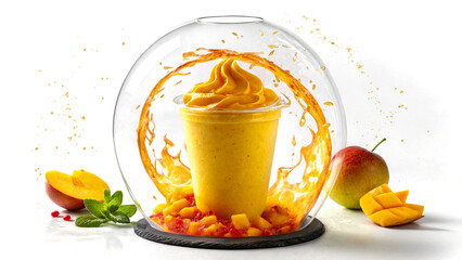 Thick Mango Smoothie Swirling Inside a Fiery Transparent Sphere