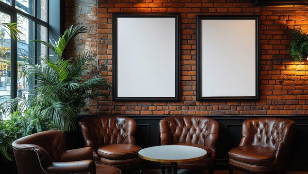 In a modern loft-style cafe, three empty frame poster mockups hang on a brick wall above a round table and chairs, providing a blank canvas for advertising, art, and presentations