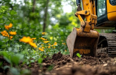 Fototapeta premium A detailed view of a yellow excavator digging soil and conducting earthwork. Heavy equipment is clearing away trunks and roots, performing landscaping tasks. This is part of the land enhancement