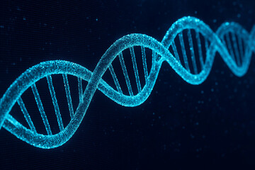 The DNA double helix is __rendered in vibrant blue and light blue tones against a dark grid background, with glow effects and particles creating a sense of depth and digital dynamics