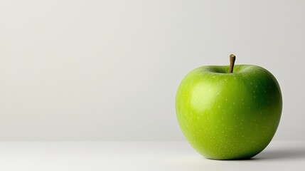 A single green apple sits on a minimalist surface, highlighting its vibrant color and smooth texture against a soft, neutral backdrop.
