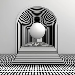 Abstract Black And White Geometric Hallway With Sphere And Checkered Floor