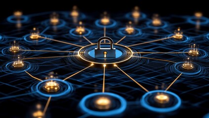 A cybersecurity concept illustrating digital locks that defend networks from cyber threats with data encryption, authentication protocols, vulnerability detection, intrusion prevention, and hacking