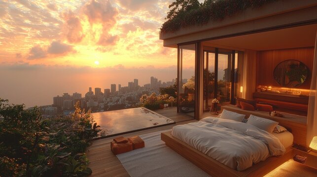 Sunset Cityscape Bedroom View: Infinity Pool Luxury