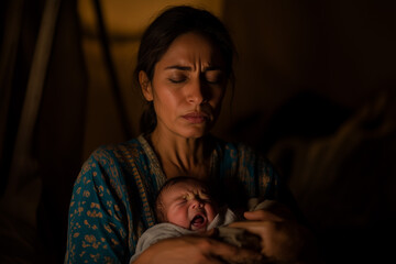 Exhausted mother holding crying newborn