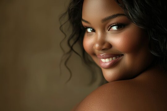 Close-up portrait of a smiling Black woman, showcasing her radiant skin and beautiful smile.