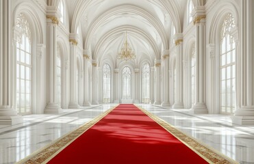 Obraz premium An opulent red carpet entrance featuring velvet rope, golden stanchions, and brilliant lighting, revealing a deluxe interior. A glamorous hall set for a VIP celebrity event, award ceremony, movie