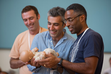 Men practicing newborn care at parenting class