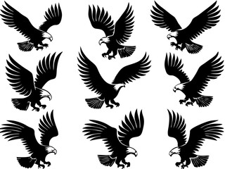 Obraz premium Nine eagles in flight with wings spread in a symmetrical pattern in black and white graphic design