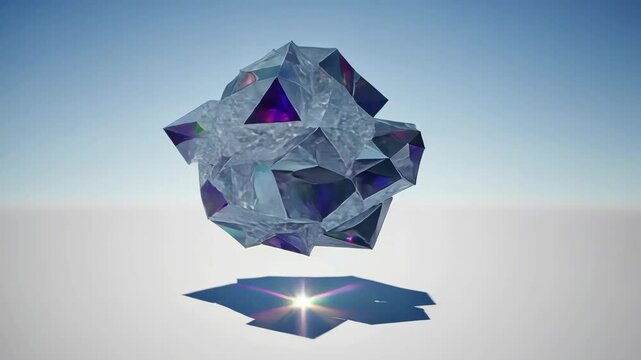 Abstract crystalline geometric form rendered with sharp angles floating against soft gradient background, casting sharp shadows, 3D render