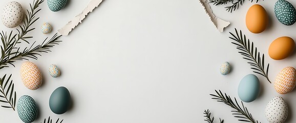 Fototapeta premium Pastel Easter Eggs Green Leaves White Background