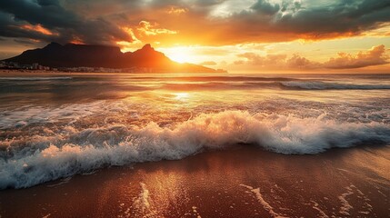 Fototapeta premium Sunset Over the Ocean With Golden Reflections on the Water and Dramatic Clouds, Creating a Serene Coastal Atmosphere at Dusk