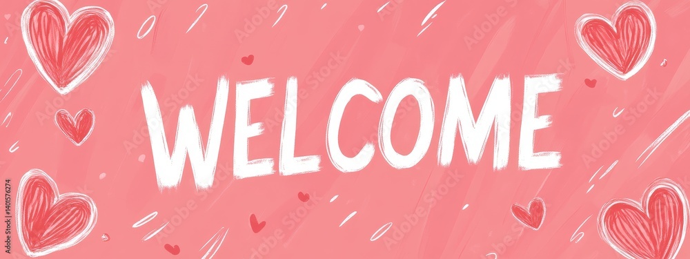 Poster bright and cheerful welcome sign with heart motifs in a playful pink color scheme suitable for event