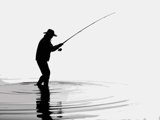 Obraz premium Silhouette of a fisherman standing in water holding a fishing rod against a light background scene outdoors