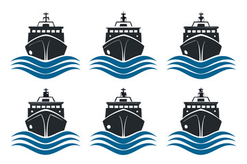 Obraz premium Six identical ship icons sailing on wavy blue sea in a pattern on a white background design template
