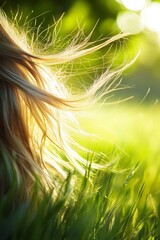 Soft flax fibers gently lie on lush green grass, displaying their natural texture. This peaceful scene highlights the earthy colors in the sunlight, accentuating nature's beauty