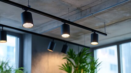 Modern LED black track spotlights in the interior Hanging lamps spotlights attached to a concrete ceiling in an office loft room