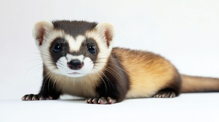 Obraz premium A charming ferret with a white-and-brown coat gazes directly at the viewer with bright, curious eyes. Its sleek fur and delicate paws are highlighted against a clean white background
