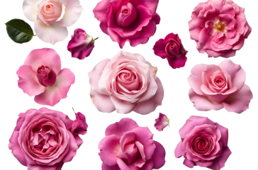 Assorted pink roses on transparent PNG background. Flatlay top view of rose flowers. Floral graphic resources. Created with Generative AI.