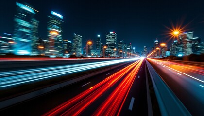 Obraz premium Light trails illuminating highway leading to urban skyscrapers at night