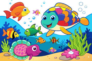 Naklejka premium Colorful Coral Reef with Fish and Sea Creatures