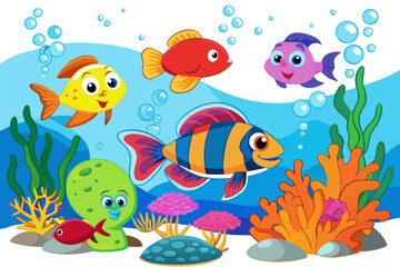 Vibrant Ocean Life in Coral Reef Cartoon