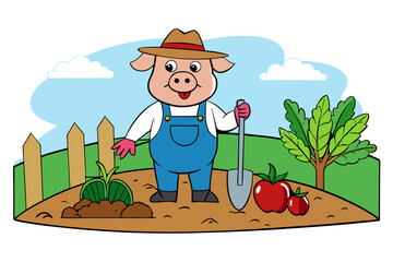 Farmer Pig Planting Vegetables in Garden