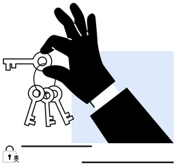 Black hand silhouette holding keys against a light blue square. Ideal for security, access, ownership, authority, permissions, solutions, and decision-making themes. Flat simple metaphor