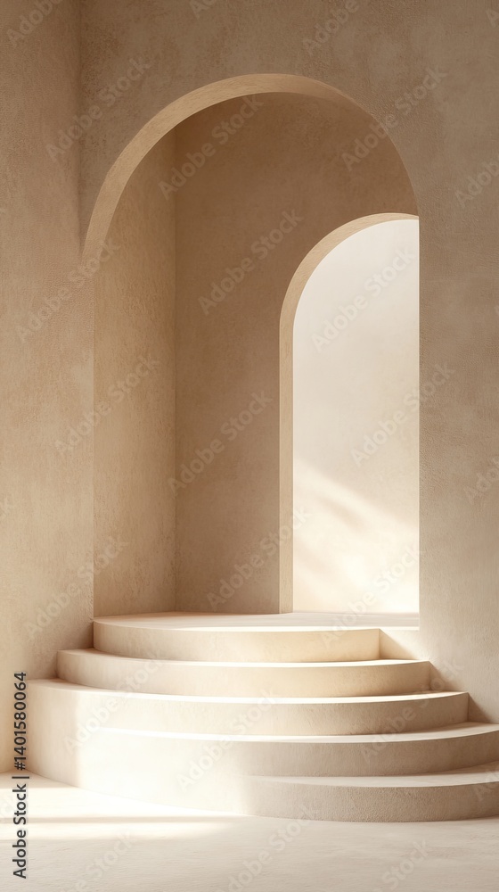 Poster warm sunlight filters through soft curtains onto a minimalist design space with a round stone surfac