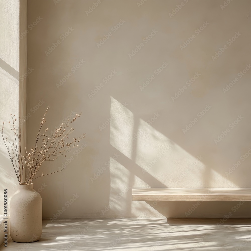 Poster minimalist vase with delicate branches in soft sunlight creating an elegant ambiance in a serene ind