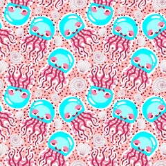 Obraz premium Summer ocean animals seamless jelly fish pattern for wrapping paper and kids clothes print and party accessories