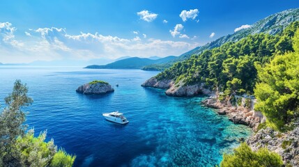 Obraz premium Beautiful Tropical Beach With a Small Boat Anchored Near Rocky Cliffs and Clear Blue Waters During Daylight Hours
