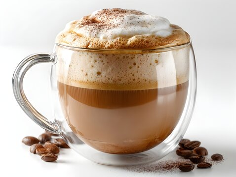 A delicious cappuccino in a double-walled glass mug sits on a white background with coffee beans.