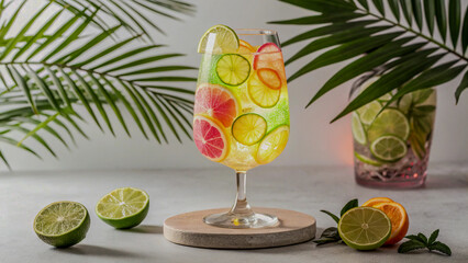 Tropical Cocktail with Neon-Glowing Fruit Slices