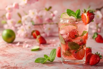 A vibrant glass of strawberry mojito sits on a countertop surrounded by fresh strawberries and mint leaves. The drink is garnished with lime and mint, creating a refreshing summer vibe