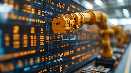 Robotic arm interacting with a digital interface in a factory.