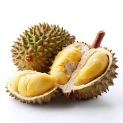 Fototapeta premium Close up of durian fruit with yellow flesh isolated on white background