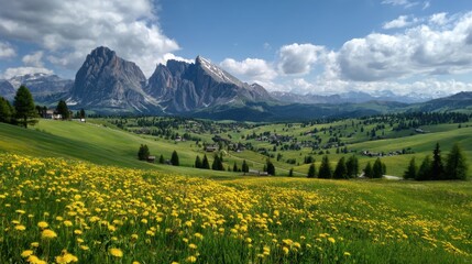 Obraz premium A vibrant landscape showcases a field of blooming yellow flowers set against lush green hills. Towering mountains in the background add to the stunning beauty of the sunny day