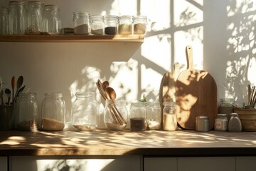 Natural eco kitchen with wood, ceramics and sustainable utensils in soft daylight, no people.