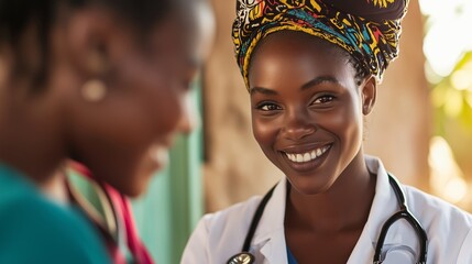 Smiling healthcare worker in bright attire engages with community members outdoors during a health outreach event