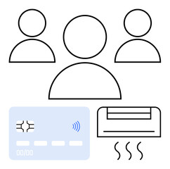 Outlined group icons, contactless card, air conditioning unit with heat waves. Ideal for teamwork, collaborative payments, digital finance, contactless tech, modern services, shared costs abstract