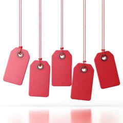 Five red price tags hanging from string with reflections below them isolated on white background