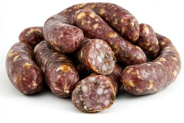 Obraz premium A close-up image of Spanish sausage, highlighting its rough brown surface and white spots